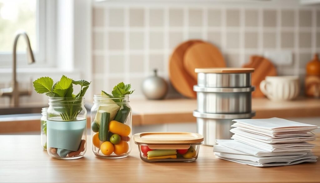 A cozy, minimal kitchen with wooden textures and light blue accents, showcasing various eco-friendly food storage solutions. In the foreground, glass jars and reusable silicone bags filled with fresh produce sit on a wooden countertop. In the middle ground, a sleek stainless steel food container with a bamboo lid stands next to a stack of sustainable beeswax food wraps. The background features a simple, natural-toned tile backsplash and a window allowing soft, diffused natural light to flood the space, creating a warm, inviting atmosphere.