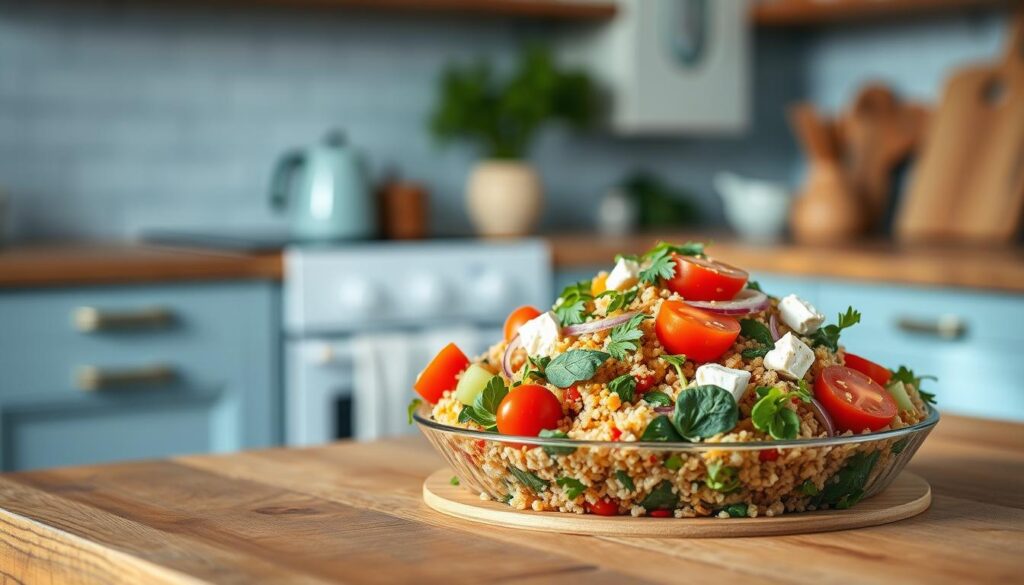 A cozy, minimal kitchen with wooden textures and light blue accents, where a vibrant Mediterranean quinoa salad meal prep sits on a wooden table. The salad features a colorful array of ingredients including quinoa, cherry tomatoes, cucumber, red onion, feta cheese, and fresh herbs, drizzled with a light vinaigrette dressing. The composition is arranged in a visually appealing manner, with the salad components neatly organized in the foreground. The background is softly blurred, creating a sense of focus on the delicious and nutritious meal prep. The lighting is natural and warm, casting a soft glow over the scene, inviting the viewer to enjoy this delightful and aesthetically pleasing salad.