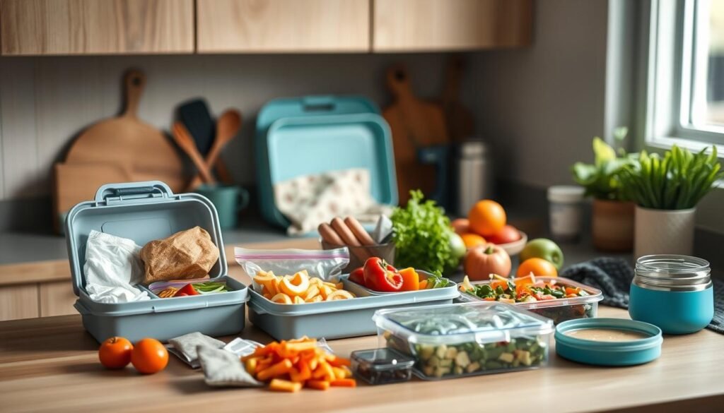 A cozy, minimal kitchen with wooden textures and light blue accents. A Prepistry bento box and various lunch hacks are arranged on the counter, including reusable silicone bags, steel containers, and a stylish water bottle. Neatly chopped vegetables, colorful fruits, and a thermos filled with a homemade soup or salad create an organized, inspiring scene for packing nutritious work and school lunches. Soft, natural lighting illuminates the scene, conveying a sense of simplicity and preparedness.