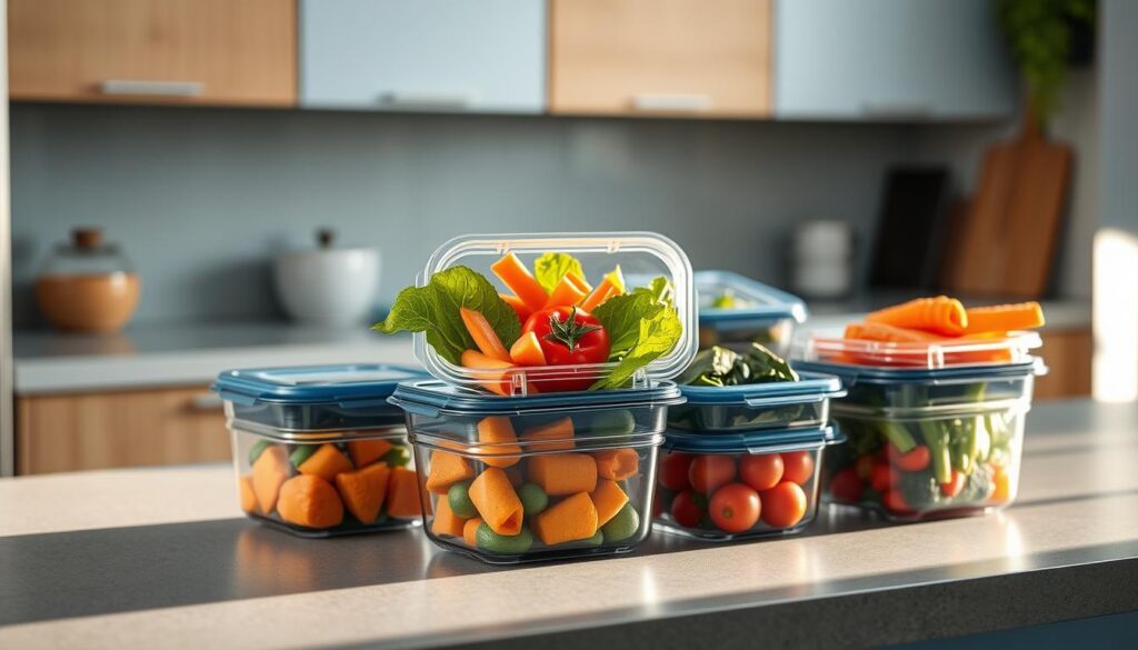 A cozy, minimal kitchen with wooden textures and light blue accents. A collection of meal prep storage containers sits on a sleek, grey countertop, their lids open to reveal an array of fresh, Mediterranean-inspired vegetables. The lighting is soft and natural, casting a warm glow over the scene. The containers are made of durable, transparent materials, allowing the vibrant colors of the produce to shine through. The arrangement is orderly and practical, hinting at the delicious, nourishing meals to come. The overall atmosphere is one of calm, organized efficiency - the perfect setting to illustrate a guide on meal prepping and storage.
