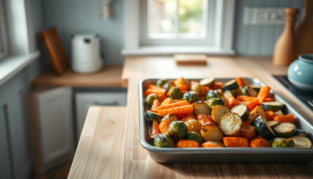 A cozy, minimal kitchen with wooden textures and light blue accents. A sheet pan filled with a variety of roasted vegetables - carrots, Brussels sprouts, potatoes, and zucchini - arranged in an aesthetically pleasing manner. The vegetables are lightly seasoned, their caramelized edges catching the soft, natural lighting from a window. The scene conveys a sense of effortless, healthy cooking, highlighting the optimal cooking times and textures for each vegetable type to achieve consistent, flavorful results.