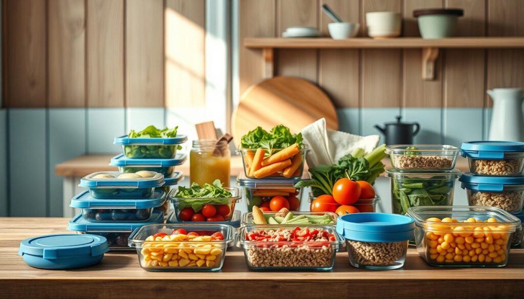 A cozy, minimal kitchen with wooden textures and light blue accents. An arrangement of glass meal prep containers, reusable silicone lids, and a variety of fresh, colorful ingredients like vegetables, fruits, and grains. The lighting is soft and natural, highlighting the textures and creating a serene atmosphere. The scene conveys a sense of organization and efficiency, perfect for packing office-friendly, nutritious meals. No hands are visible, allowing the focus to remain on the meal prep hacks.