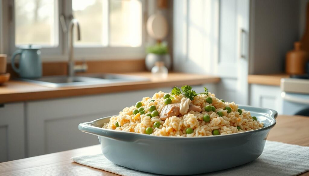 A cozy, minimal kitchen with wooden textures and light blue accents. At the center, a hearty chicken rice casserole sits steaming in a ceramic baking dish. The casserole is layered with tender chicken, fluffy rice, and a creamy sauce, garnished with vibrant green peas and fresh parsley. Soft, afternoon light filters through a nearby window, casting a warm glow over the comforting dish. The scene evokes a sense of homey, comforting simplicity, perfect for a make-ahead family dinner.
