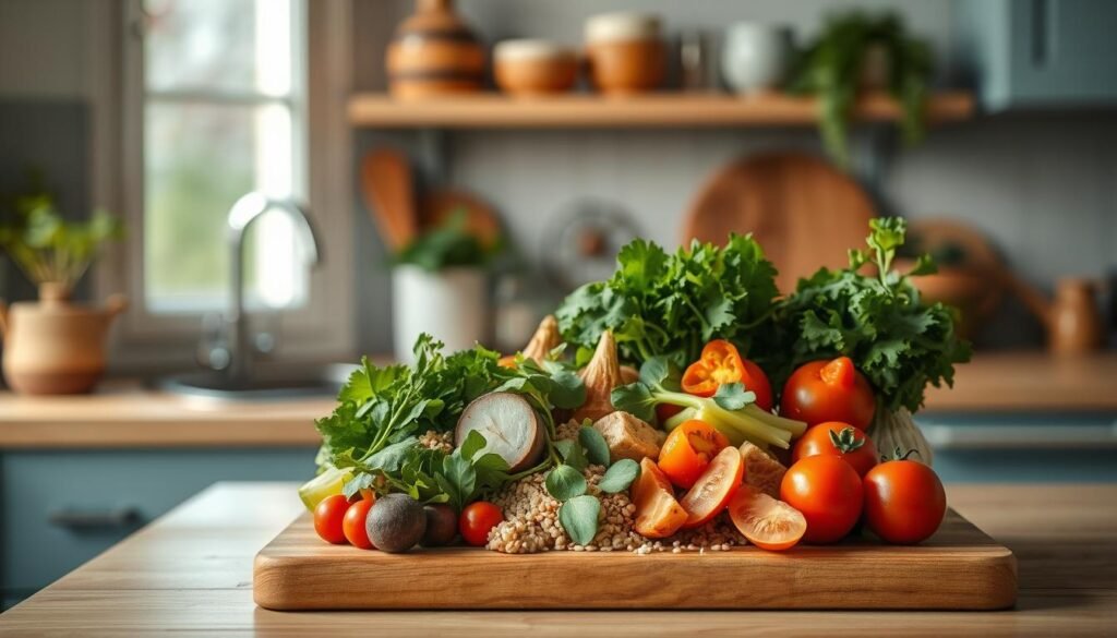 A cozy, minimal kitchen with wooden textures and light blue accents. Atop a wooden cutting board, a variety of fresh ingredients arranged neatly - colorful vegetables, crisp greens, lean proteins, and whole grains. The composition mimics the structure of a balanced meal, each component perfectly portioned and artfully presented. Soft, natural lighting bathes the scene, highlighting the textures and colors. The atmosphere is calm and inspiring, inviting the viewer to envision their own flavorful, nutritious meal prep ideas.