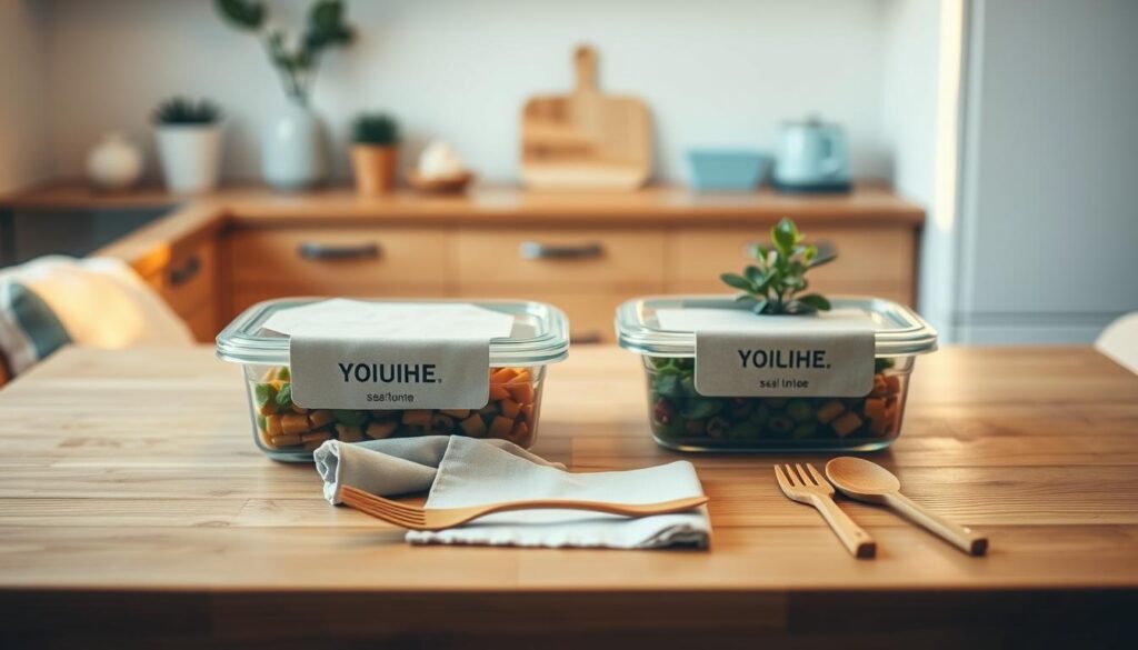 A cozy, minimal kitchen with wooden textures and light blue accents. Eco-friendly workplace meal prep items neatly arranged on a wooden table: reusable glass containers, cloth napkins, bamboo utensils, and a small potted plant. Warm, diffused lighting illuminates the scene, creating a serene and inviting atmosphere. The layout emphasizes sustainability, organization, and a thoughtful approach to office meal planning. No hands are visible, allowing the focus to remain on the carefully curated eco-friendly elements.