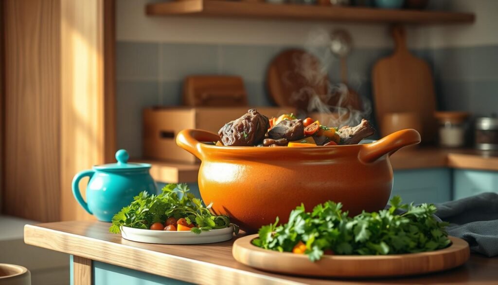A cozy, minimal kitchen with wooden textures and light blue accents. In the center, a large, earthenware pot simmers with a fragrant Middle Eastern stew. Tender lamb, aromatic spices, and a medley of vibrant vegetables fill the pot, emitting steam and enticing aromas. Beside it, a platter of fresh herbs - mint, parsley, and cilantro - await to be sprinkled over the dish, adding a pop of color and a touch of freshness. The lighting is soft and warm, casting a gentle glow over the scene, creating an inviting and comforting atmosphere.