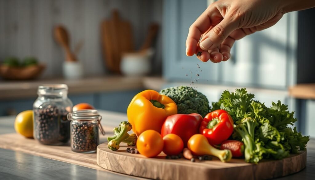 A cozy, minimal kitchen with wooden textures and light blue accents. In the center, a wooden cutting board showcases an array of vibrant vegetables - fresh bell peppers, crisp broccoli florets, and leafy kale. A glass jar filled with peppercorns sits nearby, casting a warm glow. The scene is bathed in soft, natural lighting, creating a serene and inviting atmosphere. An expert's hands delicately sprinkle a pinch of ground black pepper over the veggies, imparting depth and complexity to the display. The overall composition conveys a sense of trust and authority on the art of seasoning with pepper and vegetables.