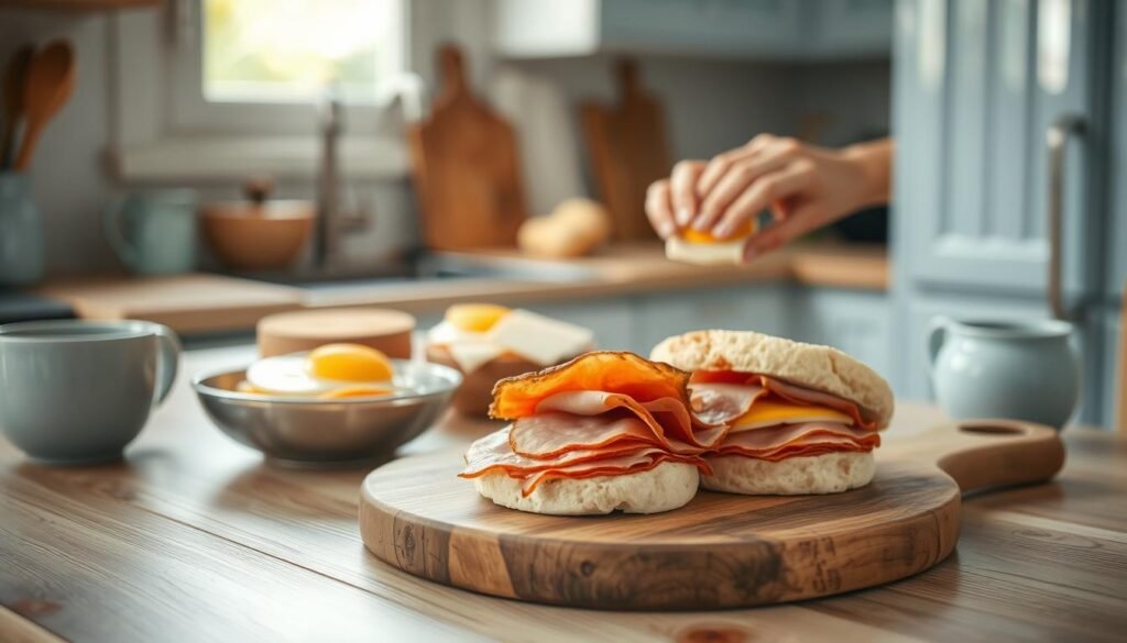 A cozy, minimal kitchen with wooden textures and light blue accents. In the foreground, a rustic wooden cutting board holds the ingredients for a freezer breakfast sandwich: English muffins, eggs, cheese, and sliced meat. Midground, the steps of the preparation process are shown, with hands carefully assembling the sandwich components. Soft, diffused lighting from a nearby window casts a warm glow, creating a welcoming atmosphere. The background is blurred, focusing the viewer's attention on the step-by-step process of creating this delicious, easy-to-freeze breakfast.