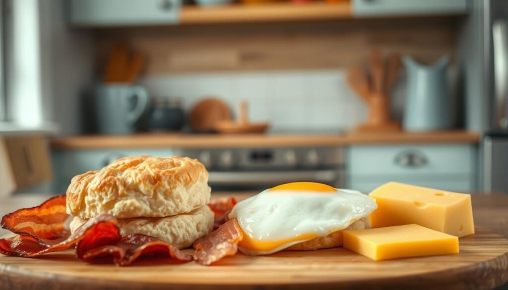 A cozy, minimal kitchen with wooden textures and light blue accents. In the foreground, a selection of fresh breakfast sandwich ingredients is elegantly displayed - a flaky, golden-brown biscuit, crisp bacon slices, a perfectly cooked egg, and a slice of creamy cheddar cheese. The lighting is soft and natural, highlighting the textures and colors of the components. The overall scene conveys a sense of balance, quality, and anticipation, inviting the viewer to imagine the delicious breakfast sandwich that could be crafted from these elevated ingredients.