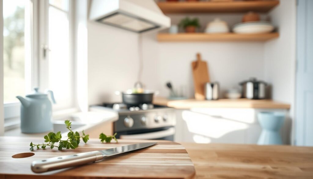 A cozy, minimal kitchen with wooden textures and light blue accents. In the foreground, a cutting board with a few simple cooking tools - a chef's knife, a vegetable peeler, and a few herbs. In the middle ground, a stovetop with a simmering pot and a pan sizzling with fresh ingredients. The background features a clean, uncluttered counter with a few small appliances and a window letting in natural light. The overall atmosphere is calm, focused, and efficient, capturing the essence of time-saving meal prep on a tight schedule.