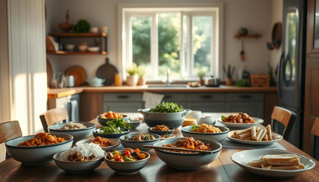 A cozy, minimal kitchen with wooden textures and light blue accents. In the foreground, a family-style table is set with an array of Asian-inspired dishes - steaming bowls of fragrant rice, tender braised meats, vibrant stir-fried vegetables, and crisp spring rolls. The middle ground features a counter with various cooking utensils and fresh ingredients, while the background showcases a window overlooking a lush, peaceful garden. The lighting is warm and diffused, creating a comforting atmosphere. The scene captures the essence of an intimate, home-cooked Asian-inspired family meal.