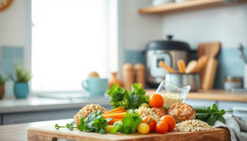 A cozy minimal kitchen with wooden textures and light blue accents. In the foreground, a variety of fresh, wholesome ingredients - vegetables, grains, proteins - neatly arranged on a wooden cutting board, conveying the simplicity and speed of a quick, nutritious dinner preparation. The middle ground features a sleek, modern appliance, perhaps an Instant Pot or air fryer, hinting at the time-saving benefits of modern kitchen tech. The background is softly lit, highlighting the clean, uncluttered space, creating a sense of calm efficiency. The overall mood is one of ease, health, and the value of home-cooked meals, reflecting the 