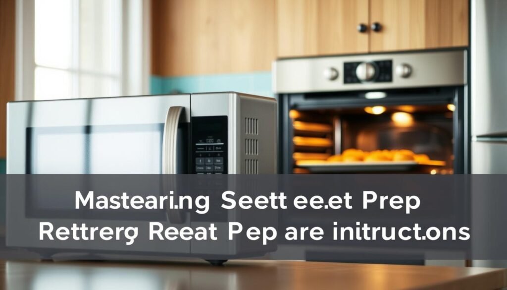 A cozy, minimal kitchen with wooden textures and light blue accents. In the foreground, a sleek, silver microwave emits soft, even light, ready to reheat a delectable dish. Beside it, a classic oven with a gleaming glass window, its interior illuminated, showcasing the efficient reheating process. The scene exudes a sense of culinary mastery, where the perfect balance of microwave and oven methods ensures every bite is warm, flavorful, and satisfying. The image captures the essence of 