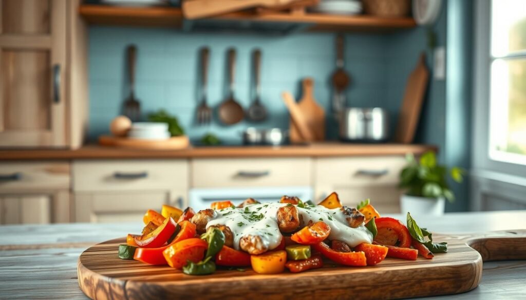 A cozy, minimal kitchen with wooden textures and light blue accents. In the foreground, a vibrant one-pan meal with roasted vegetables, protein, and a creamy dairy-free sauce. The meal is presented on a rustic wooden board, its colors and textures inviting. In the middle ground, neatly arranged cooking utensils and a few fresh herbs suggest the ease of preparation. The background is softly lit, highlighting the efficiency and convenience of this one-pan wonder. The overall atmosphere is warm, welcoming, and subtly emphasizes the benefits of this hassle-free, nutritious weeknight meal.