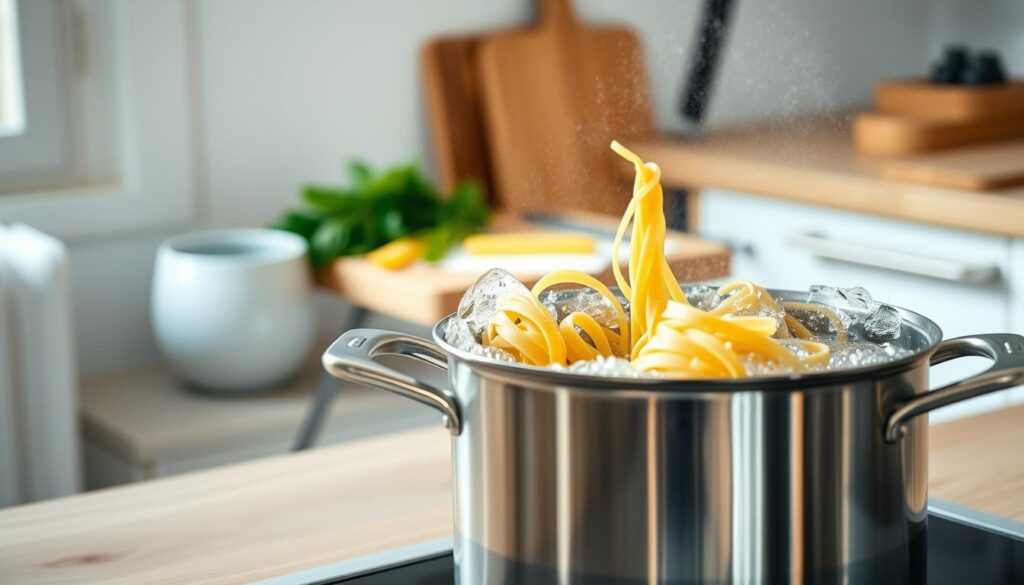 A cozy, minimal kitchen with wooden textures and light blue accents. In the foreground, a stainless steel pot simmers with cascading bubbles, water swirling and churning as fresh pasta is carefully added. The middle ground features a wooden cutting board, a bundle of fresh herbs, and a chef's knife, hinting at the preparation process. In the background, a simple, clean-lined kitchen design provides a serene backdrop, allowing the pasta-making technique to take center stage. The lighting is soft and natural, casting a warm glow over the scene, capturing the mindful process of prepping a delicious family-style pasta bake.