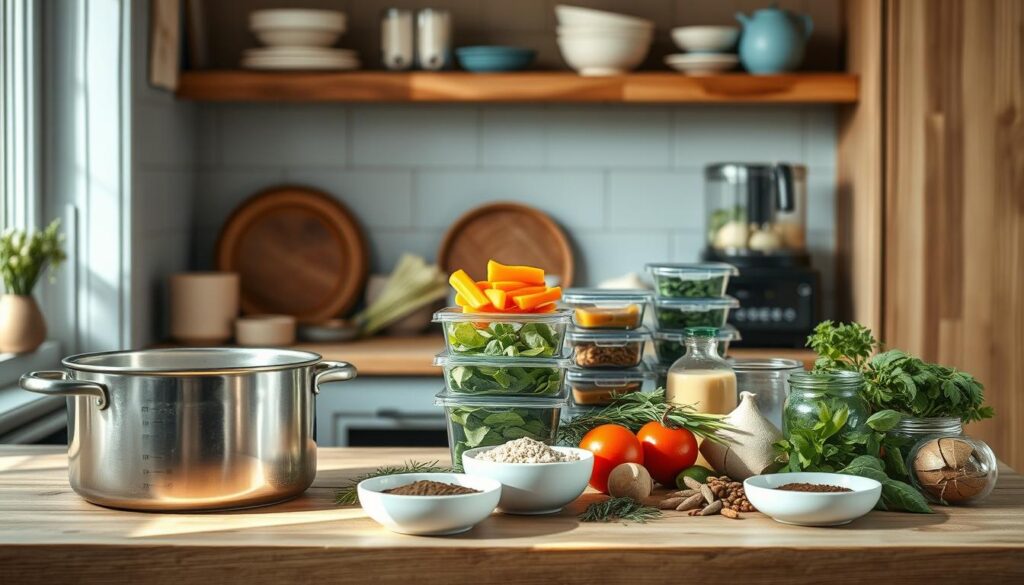 A cozy, minimal kitchen with wooden textures and light blue accents. In the foreground, a variety of time-saving soup techniques are showcased: a simmering pot of broth, a food processor chopping vegetables, and a stack of pre-portioned containers. The middle ground features a collection of fresh herbs, spices, and other soup ingredients, artfully arranged. The background is softly lit, creating a serene and inviting atmosphere, encouraging the viewer to envision efficient meal prep for nourishing soups on cold days.