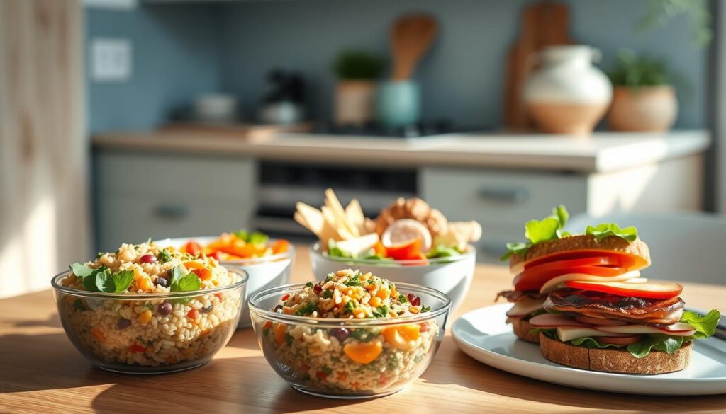 A cozy, minimal kitchen with wooden textures and light blue accents. In the foreground, a collection of vibrant and visually appealing lunch bowls filled with a variety of fresh, seasonal ingredients - colorful grains, crisp vegetables, protein-rich legumes, and flavorful sauces. Alongside the bowls, a selection of artfully assembled sandwiches on freshly baked bread, with layers of crunchy veggies, melted cheese, and savory meats. The lighting is soft and natural, casting a warm glow over the scene, inviting the viewer to imagine the delicious and nourishing meals. The overall atmosphere is one of creativity, balance, and a genuine appreciation for the simple pleasures of a satisfying work lunch.