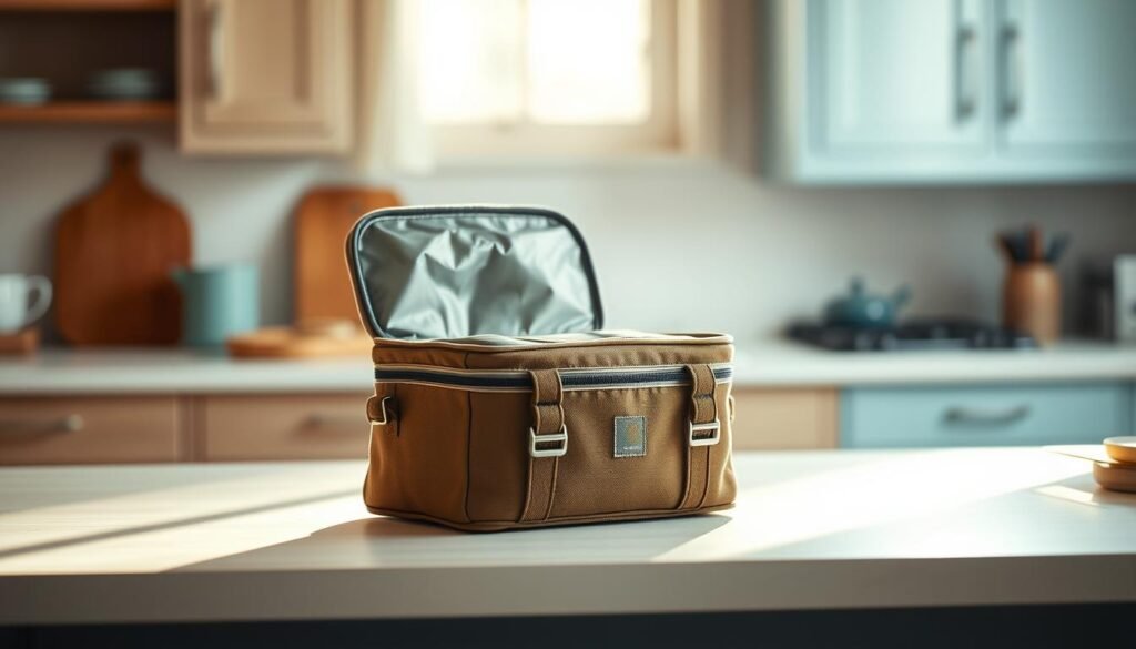 A cozy, minimal kitchen with wooden textures and light blue accents. In the foreground, a Carhartt Insulated Classic lunch box sits on the counter, its rugged canvas exterior and metal buckles reflecting the warm, natural lighting. The lunchbox's interior is clearly visible, showcasing its well-insulated design and roomy compartments. The image conveys a sense of practicality and durability, hinting at the lunchbox's ability to keep meals fresh and stored securely. The scene exudes a sense of simplicity and functionality, highlighting the Carhartt lunchbox as a featured product for no-heat meal storage.