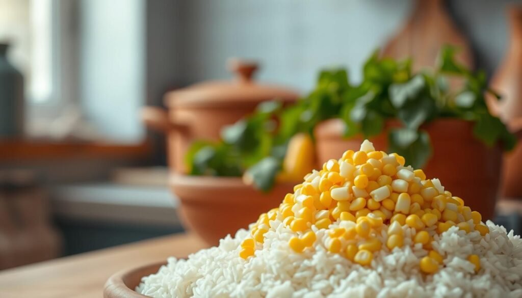 A cozy, minimal kitchen with wooden textures and light blue accents. In the foreground, a generous pile of freshly cooked white rice is accompanied by a vibrant mound of golden corn kernels, their plump kernels glistening under the warm, diffused lighting. The midground features an array of fresh herbs, their verdant leaves providing a lively contrast. In the background, the smooth, earthy tones of terracotta cookware add depth and character to the scene, creating an inviting and authentic Mexican-inspired atmosphere.