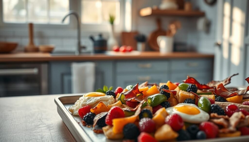 A cozy, minimal kitchen with wooden textures and light blue accents. In the foreground, a baking sheet loaded with an array of low-sugar breakfast items - fluffy scrambled eggs, roasted vegetables, crisp bacon, and juicy berries. Soft, natural lighting filters through the window, casting a warm glow over the scene. The composition is balanced and inviting, showcasing the array of flavors and textures in a visually appealing way. The overall mood is one of simplicity, nourishment, and family-friendly appeal.