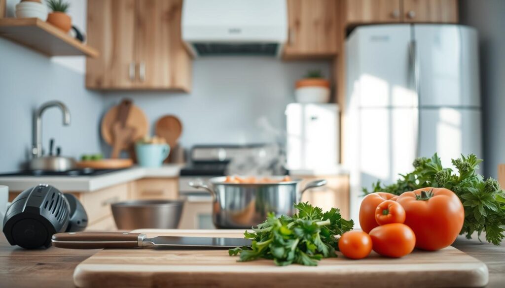 A cozy, minimal kitchen with wooden textures and light blue accents. In the foreground, a clean cutting board, sharp knife, and fresh vegetables. In the middle, a pot of simmering stew, steam rising gently. In the background, a high-quality oven and refrigerator, all the necessary tools for safe meal preparation. The lighting is soft and natural, creating a warm, inviting atmosphere. The camera angle is slightly elevated, providing a comprehensive view of the step-by-step meal prep process. No hands are visible, allowing the viewer to focus on the essential steps for creating a delicious and safe dinner.