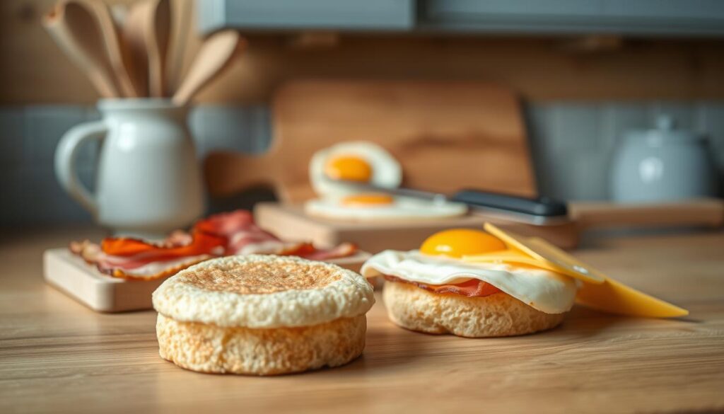 A cozy, minimal kitchen with wooden textures and light blue accents. In the foreground, a fresh English muffin halves, lightly toasted, their golden crust glistening. Beside them, an array of breakfast sandwich ingredients: crisp bacon slices, a perfectly fried egg with a soft yolk, and a slice of melty cheddar cheese. In the middle ground, a chef's knife and cutting board, hinting at the careful preparation. The lighting is soft and natural, casting gentle shadows and highlighting the textures. The overall atmosphere is one of simplicity and care, inviting the viewer to imagine the satisfying assembly of a homemade breakfast sandwich.