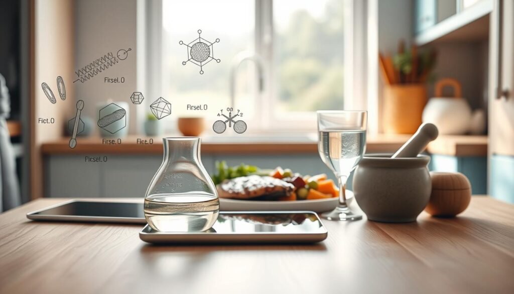 A cozy, minimal kitchen with wooden textures and light blue accents. In the foreground, a glass beaker filled with a clear liquid, accompanied by a mortar and pestle, with scientific diagrams and illustrations of muscle fibers and protein molecules displayed on a tablet nearby. The middle ground features a balanced meal of grilled chicken, roasted vegetables, and a glass of water, conveying the importance of proper nutrition for muscle recovery. The background depicts a serene, natural landscape through a window, suggesting the holistic approach to muscle recovery. Soft, natural lighting illuminates the scene, creating a warm and inviting atmosphere.
