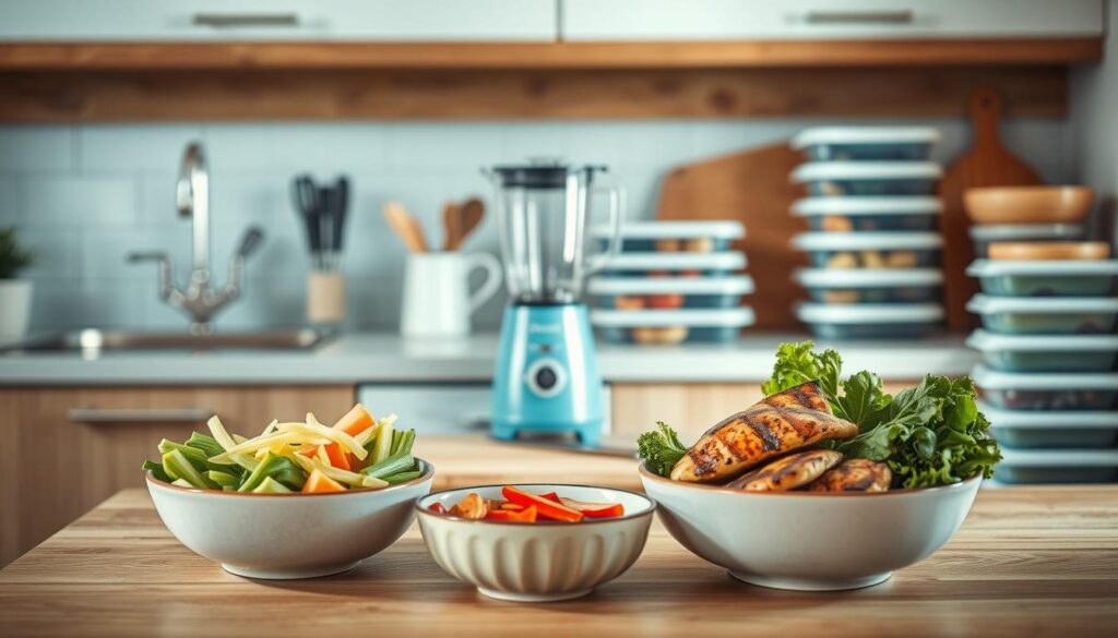 A cozy, minimal kitchen with wooden textures and light blue accents. In the foreground, a meal prep station with two large ceramic bowls, one filled with fresh vegetables, the other with grilled protein. In the middle ground, a cutting board with a knife and various kitchen tools. On the counter, a Prepistry branded blender and a stack of meal prep containers. Soft, natural lighting illuminates the scene, creating a warm, inviting atmosphere. The setup seamlessly integrates both lunch and dinner prep, showcasing an efficient and organized approach to recovery nutrition.