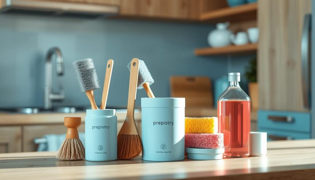 A cozy, minimal kitchen with wooden textures and light blue accents. In the foreground, a set of Prepistry cleaning care containers - a range of scrub brushes, sponges, and a bottle of natural cleaning solution. The containers have a sleek, modern design with matte finishes. Soft, directional lighting illuminates the scene, creating a warm, inviting atmosphere. The containers are arranged neatly, conveying a sense of organization and attention to detail. The background is blurred, allowing the cleaning supplies to be the focal point of the image.