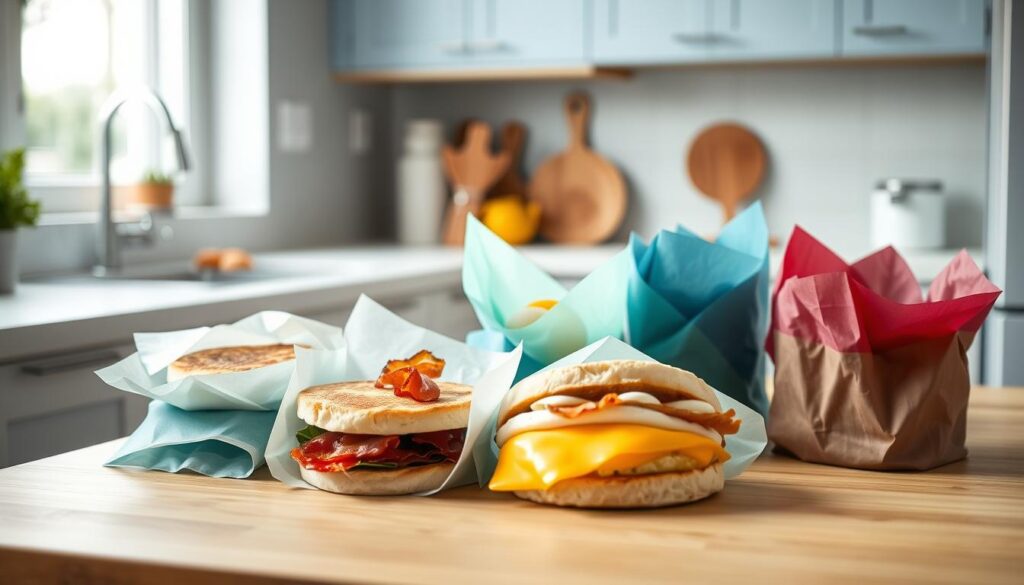 A cozy, minimal kitchen with wooden textures and light blue accents. In the foreground, a set of reusable sandwich wraps in various colors are neatly arranged. In the middle, a selection of freshly prepared breakfast sandwich ingredients are displayed - toasted English muffins, crisp bacon, fluffy eggs, and melted cheese. The lighting is soft and natural, creating a warm and inviting atmosphere. The camera angle is slightly elevated, capturing the assembly process in a step-by-step guide. No hands are visible, allowing the focus to remain on the delicious and sustainable breakfast sandwiches.