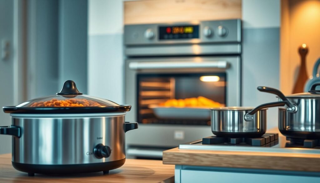 A cozy, minimal kitchen with wooden textures and light blue accents. In the foreground, a slow cooker simmers gently, its rich aromas filling the air. In the middle, a stainless steel oven stands ready, its door slightly ajar, revealing the golden crust of a freshly baked dish. To the side, a stovetop burner glows, a saucepan sizzling with simmering ingredients. The scene is bathed in warm, diffused lighting, creating a serene, inviting atmosphere. The overall composition emphasizes the various cooking methods available, each playing a vital role in the Sunday meal prep routine.