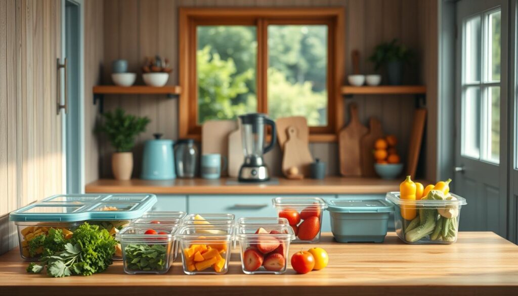 A cozy, minimal kitchen with wooden textures and light blue accents. In the foreground, an assortment of fresh, colorful ingredients and meal prep containers neatly arranged on a wooden countertop. The middle ground features a blender, cutting board, and other meal prep tools, all bathed in warm, natural lighting. In the background, a window overlooking a lush, green landscape, a reminder of the healthy, seasonal produce used in the meal prep. The overall atmosphere is one of efficiency, organization, and a commitment to a low-sugar, nutritious breakfast and meal routine.
