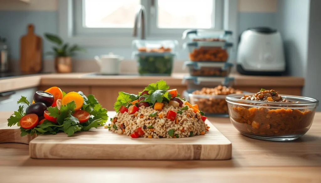 A cozy, minimal kitchen with wooden textures and light blue accents. In the foreground, an assortment of nutritious office meals arranged on a wooden cutting board - a fresh salad with a variety of colorful vegetables, a protein-rich quinoa bowl topped with roasted vegetables, and a hearty lentil stew. The middle ground features a set of glass meal prep containers, neatly stacked and ready for the workweek. In the background, a window fills the space with natural light, creating a serene and inviting atmosphere. The scene conveys the benefits of office meal prep - improved work productivity, enhanced nutrition, and a sense of mindfulness and control over one's wellbeing.