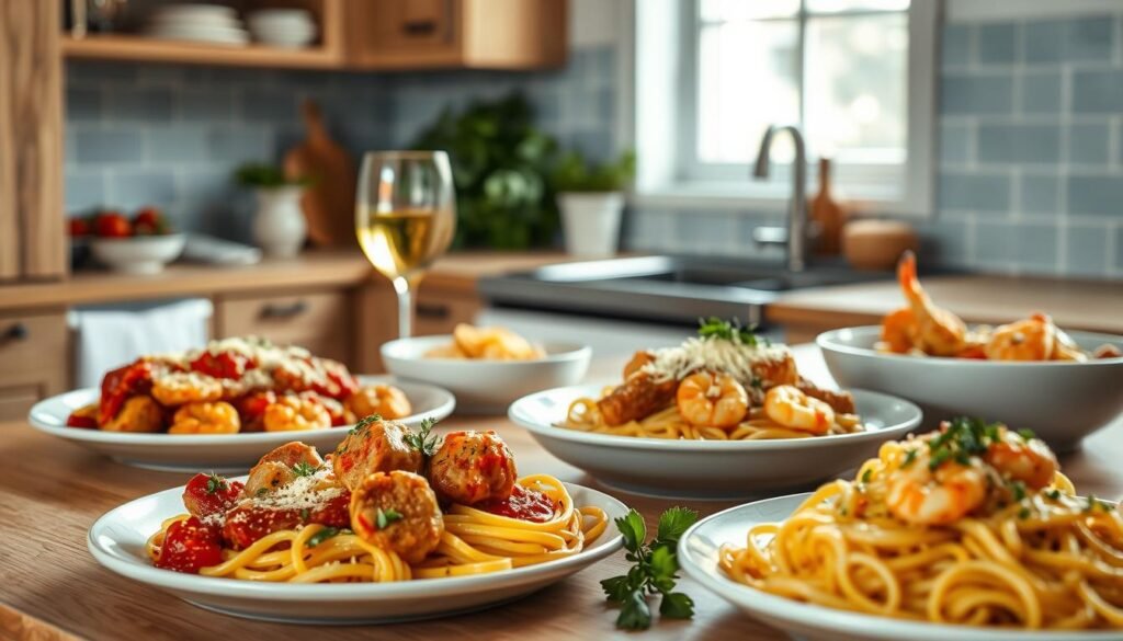 A cozy, minimal kitchen with wooden textures and light blue accents. In the foreground, an array of protein-packed pasta dishes, including chicken parmesan, turkey meatballs, and shrimp scampi, beautifully plated and garnished. The middleground features fresh herbs, grated Parmesan, and a glass of white wine, creating a sense of culinary sophistication. The background showcases a simple but elegant tiled backsplash, with hints of natural light filtering in through a window. The overall mood is one of nourishing, wholesome comfort, inviting the viewer to savor these delicious and nutritious pasta creations.