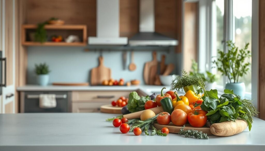 A cozy, minimal kitchen with wooden textures and light blue accents. In the foreground, an array of fresh ingredients - crisp vegetables, juicy fruits, and fragrant herbs - neatly arranged on a clean, white countertop. In the middle ground, a series of culinary tools - cutting boards, knives, and mixing bowls - positioned for efficient food preparation. The background is softly lit, with natural light filtering in through large windows, creating a warm and inviting atmosphere. The overall scene conveys a sense of organized, thoughtful meal planning, ready to be transformed into a delicious and nourishing dish.