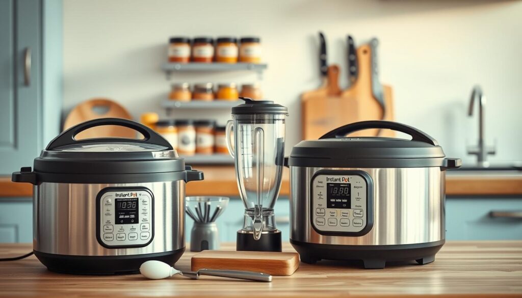 A cozy, minimal kitchen with wooden textures and light blue accents. In the foreground, an assortment of time-saving kitchen tools: a sleek pressure cooker, a multi-function food processor, a high-powered blender, and a compact instant pot. The mid-ground features a neatly organized spice rack, sharp knives, and a cutting board. The background showcases a clean, clutter-free countertop with a modern, efficient layout. The lighting is warm and natural, highlighting the tools' functionality and the kitchen's inviting atmosphere. The scene conveys a sense of ease and efficiency, perfectly suited for meal preparation.