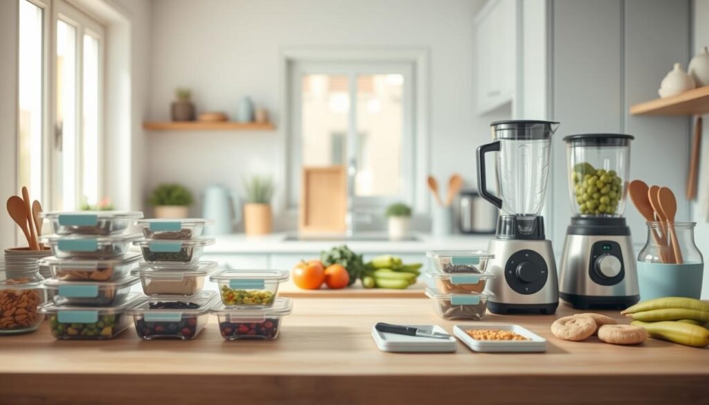 A cozy, minimal kitchen with wooden textures and light blue accents. In the foreground, an organized array of meal prep containers and cooking utensils, conveying efficiency and preparedness. The middle ground features a clean countertop with a cutting board, fresh produce, and a high-quality blender, hinting at nutritious meal components. In the background, a window lets in soft, natural lighting, creating a warm, inviting atmosphere. The overall scene exudes a sense of control and calm, embodying the idea of stress-free and safe meal prepping.