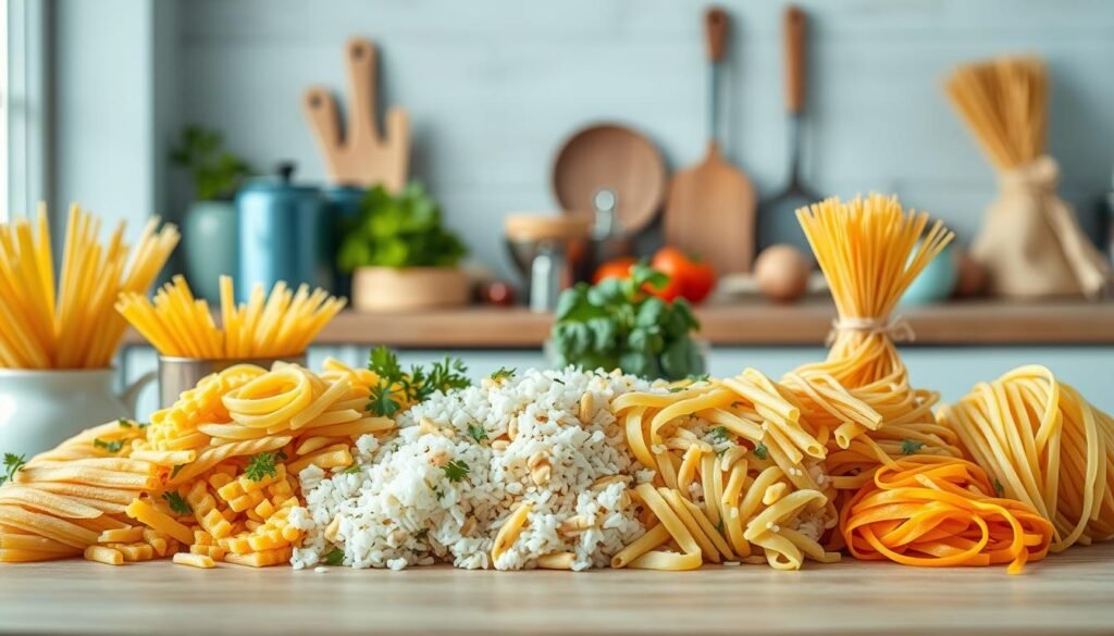 A cozy, minimal kitchen with wooden textures and light blue accents. In the foreground, an arrangement of various types of pasta, rice, and noodles, each with its unique shape, color, and texture. In the middle ground, fresh herbs, spices, and a few kitchen utensils, creating a sense of culinary preparation. The background features a clean, minimalist design, allowing the focus to remain on the innovative pasta, rice, and noodle varieties. The lighting is soft and natural, casting gentle shadows and highlighting the vibrant hues of the ingredients. The overall mood is one of experimentation, creativity, and the promise of a delicious, yet simple, meal.