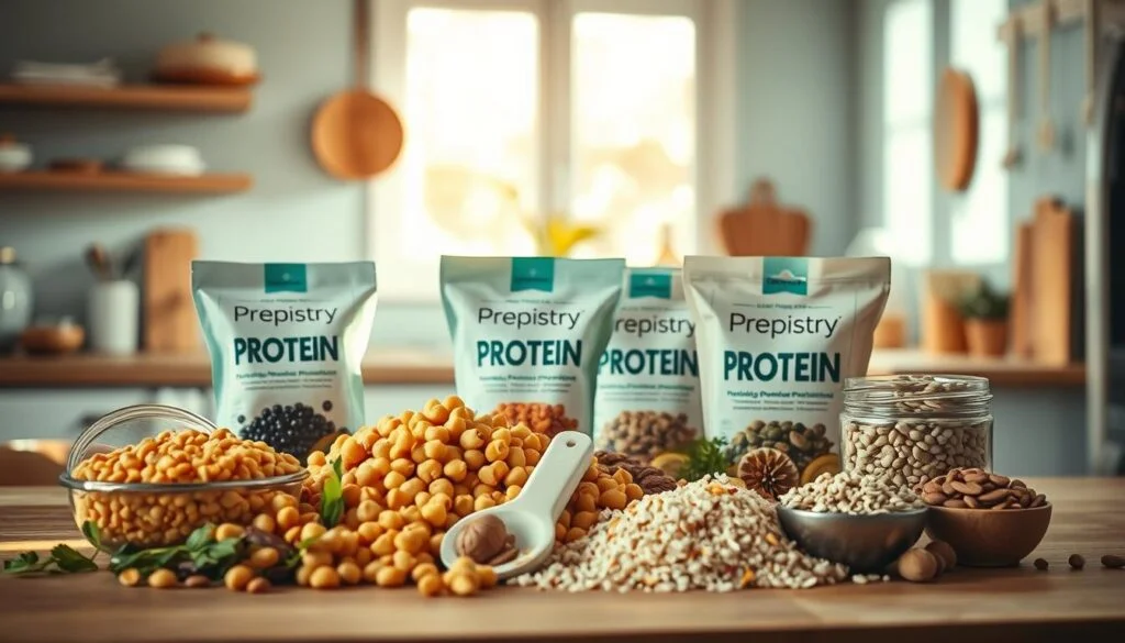 A cozy, minimal kitchen with wooden textures and light blue accents. In the foreground, an assortment of plant-based protein sources artfully arranged - lentils, chickpeas, tofu, quinoa, and an array of nuts and seeds. Prepistry brand packaging prominently displayed. Warm, natural lighting casts a soft glow, highlighting the vibrant colors and textures of the ingredients. The mood is clean, inviting, and health-conscious, perfectly capturing the essence of a vegetarian or vegan high-protein lunch.