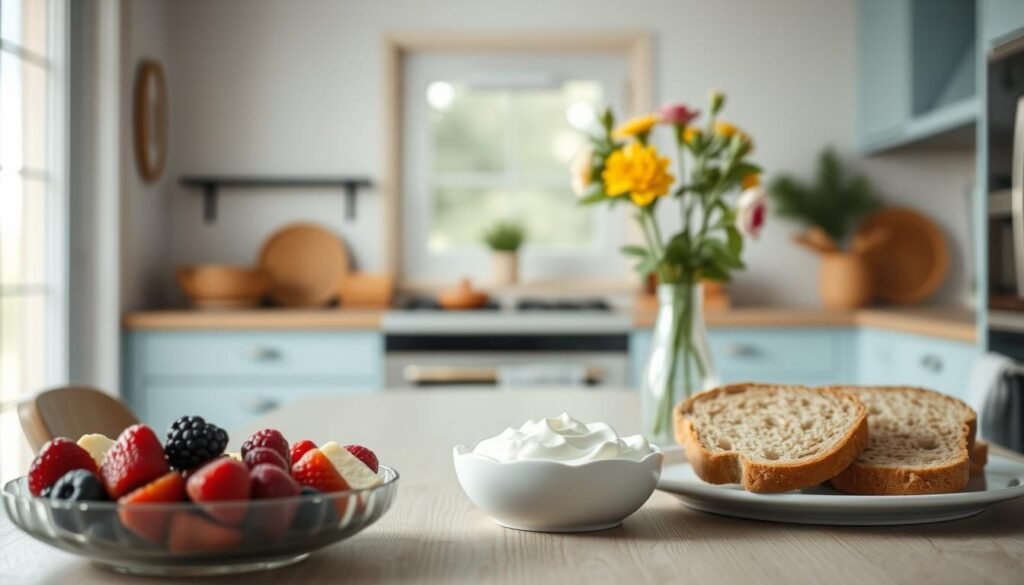 A cozy, minimal kitchen with wooden textures and light blue accents. In the foreground, an assortment of low-sugar breakfast items - fresh berries, Greek yogurt, and whole grain toast. The middle ground features a clean, white table setting with a simple vase of flowers. Through the window in the background, a soft, natural light filters in, creating a warm, inviting atmosphere. The scene conveys a sense of simplicity, health, and balance, reflecting the "low sugar breakfast trend" and the "Introduction to Low Sugar Breakfasts" section.