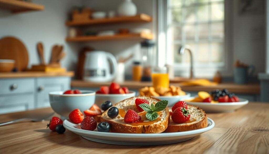 A cozy, minimal kitchen with wooden textures and light blue accents. In the foreground, an array of healthy breakfast items are artfully arranged - crisp toast, fresh berries, a drizzle of honey, and a delicate sprig of mint. Soft, natural lighting illuminates the scene, casting a warm glow and highlighting the vibrant colors. In the middle ground, various quick and easy breakfast recipes are hinted at - a steaming bowl of oatmeal, a smoothie blender, and a plate of scrambled eggs. The background maintains a sense of simplicity, allowing the focus to remain on the nourishing, time-saving breakfast options. No hand presence, a clean and inviting composition that captures the essence of a quick, healthy morning meal.