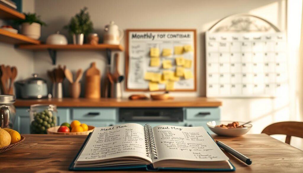 A cozy, minimal kitchen with wooden textures and light blue accents. In the foreground, an open notebook with handwritten meal plans for the month, surrounded by various kitchen appliances and ingredients like fresh produce, spices, and cooking utensils. In the middle ground, a bulletin board with sticky notes detailing weekly grocery lists and meal prep schedules. The background features a large calendar on the wall, highlighting important dates and events to consider for monthly meal planning. The scene is bathed in warm, natural lighting, conveying a sense of organization, productivity, and a thoughtful approach to meal preparation.