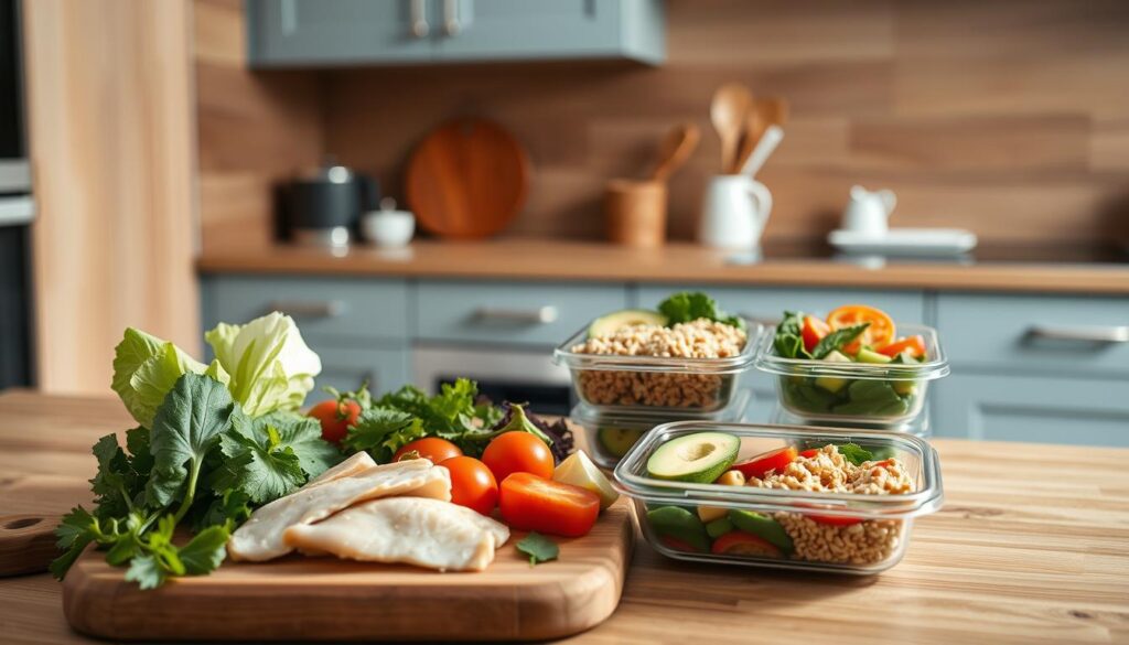 A cozy, minimal kitchen with wooden textures and light blue accents. In the foreground, various fresh ingredients are neatly arranged on a wooden cutting board - lean proteins like chicken breasts, fresh vegetables, whole grains, and healthy fats like avocado. In the middle ground, a pair of meal prep containers filled with a visually balanced selection of these ingredients, showcasing a well-rounded, nutritious lunch. In the background, a clean, uncluttered countertop with a few kitchen tools, conveying an organized and intentional approach to meal planning. The lighting is soft and natural, creating a calming atmosphere. The overall scene suggests a thoughtful, sustainable strategy for achieving balanced nutrition and weight goals.