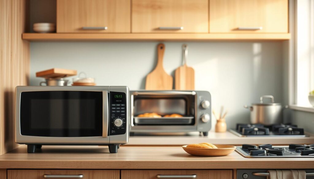 A cozy, minimal kitchen with wooden textures and light blue accents. In the foreground, various appliances sit atop a clean counter - a sleek microwave, a modern toaster oven, and a classic stovetop. Each appliance showcases a different reheating technique, such as microwaving, baking, and simmering, respectively. The middle ground features neatly arranged ingredients and tools, hinting at the preparations underway. The background maintains a tranquil ambiance, with soft natural lighting filtering through the windows, creating a warm and inviting atmosphere.