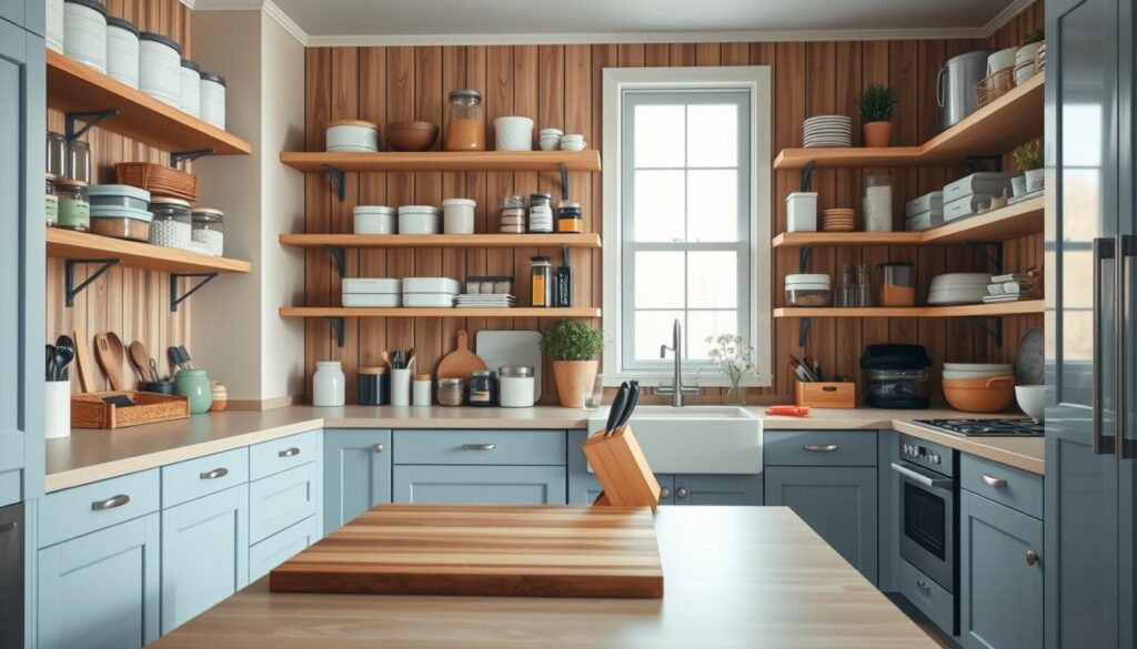 A cozy, minimal kitchen with wooden textures and light blue accents. Neatly organized shelves and drawers showcase a variety of storage containers, utensils, and ingredients. A central island with a cutting board and knife block in the foreground, while the background features a large window letting in soft, natural light. The overall mood is one of efficiency and calm, with every element of the kitchen workflow carefully considered and optimized for convenience. The scene conveys a sense of order and streamlined organization, reflecting the 