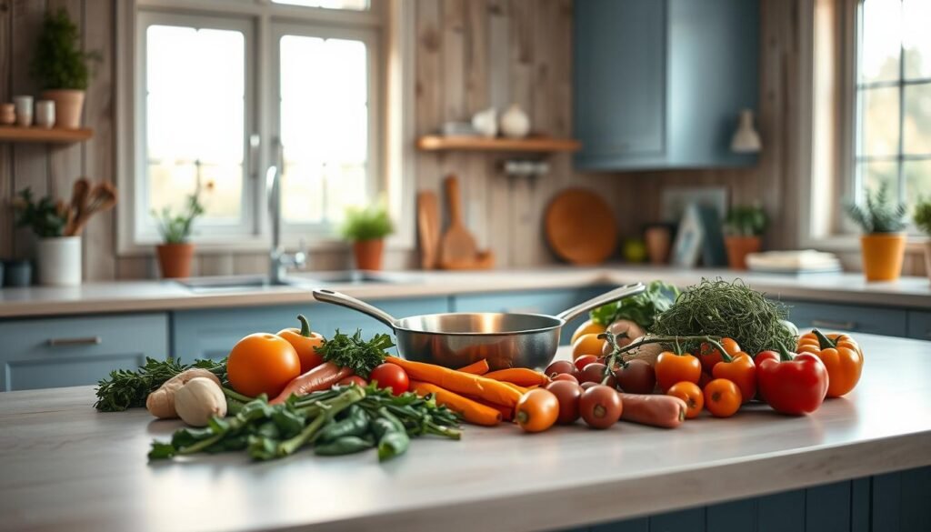 A cozy, minimal kitchen with wooden textures and light blue accents. On a clean countertop, an array of fresh, seasonal ingredients arranged in a visually appealing manner - colorful vegetables, herbs, and a single pan in the center. The pan casts a warm, inviting glow, hinting at the delicious, nutritious meal that will soon emerge. Soft, diffused lighting from a large window fills the space, casting gentle shadows and highlighting the textures. The scene conveys the simplicity and convenience of one-pan cooking, as well as the portion control benefits for weight management.