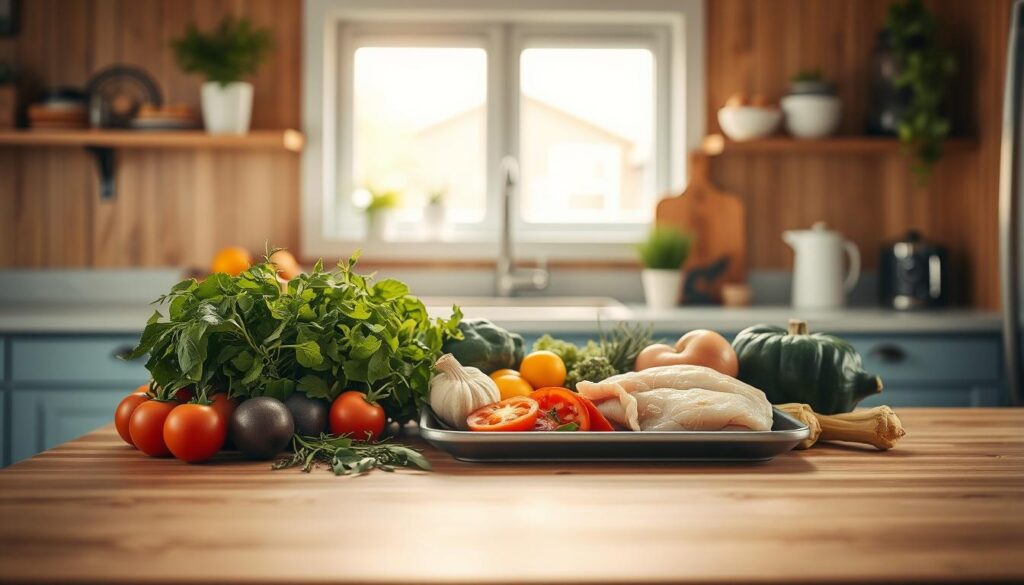 A cozy, minimal kitchen with wooden textures and light blue accents. On a clean, uncluttered counter, an assortment of healthy, whole food ingredients is arranged neatly - fresh vegetables, herbs, and lean proteins. The warm, natural lighting casts a soft glow, highlighting the simple, nutritious meal components ready to be combined into a delicious, one-pan dish. The atmosphere is calm and inviting, conveying the ease and convenience of clean eating through sheet pan dinners.