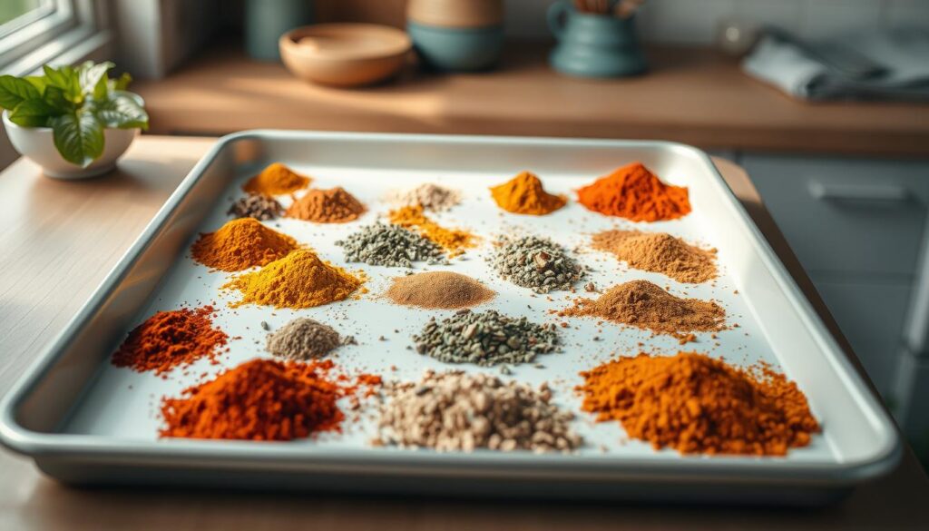 A cozy, minimal kitchen with wooden textures and light blue accents. On a clean, white sheet pan, an assortment of ground spices and dried herbs are artfully arranged - cumin, turmeric, paprika, oregano, and more. The spices are carefully measured and expertly combined, creating a vibrant, fragrant spice blend ready to be applied to a variety of global-inspired sheet pan dinners. Soft, diffused lighting illuminates the scene, highlighting the rich hues and textures of the ingredients. The overall mood is one of culinary expertise, efficiency, and the promise of delicious, flavorful meals to come.