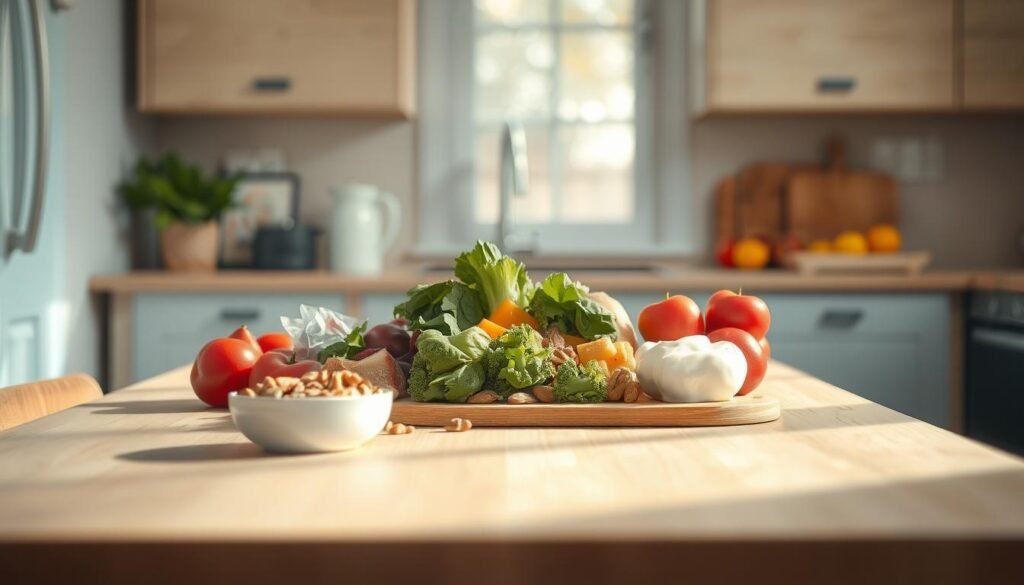 A cozy, minimal kitchen with wooden textures and light blue accents. On a clean wooden table, an assortment of fresh ingredients are neatly arranged - crisp vegetables, creamy yogurt, crunchy nuts, and vibrant fruits. The soft, natural lighting from a nearby window illuminates the scene, casting gentle shadows and highlighting the textures. The overall mood is one of simplicity, health, and efficiency, capturing the essence of quick and easy assembly for a satisfying cold lunch.