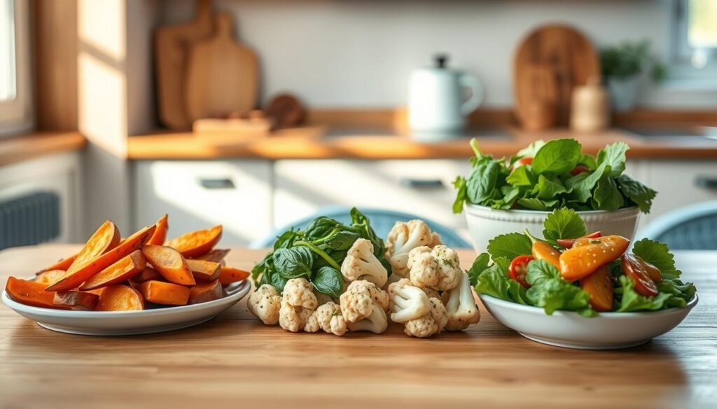 A cozy minimal kitchen with wooden textures and light blue accents. On a clean wooden table, an assortment of pork meal prep side dishes: roasted sweet potato wedges, sautéed garlic and spinach, herb-crusted cauliflower florets, and a fresh green salad with tangy vinaigrette. Natural light filters in, casting a warm glow over the scene. The sides are arranged artfully, showcasing their vibrant colors and textures. This inviting setup suggests a delicious and nutritious pork-based meal, perfect for dinner prep.